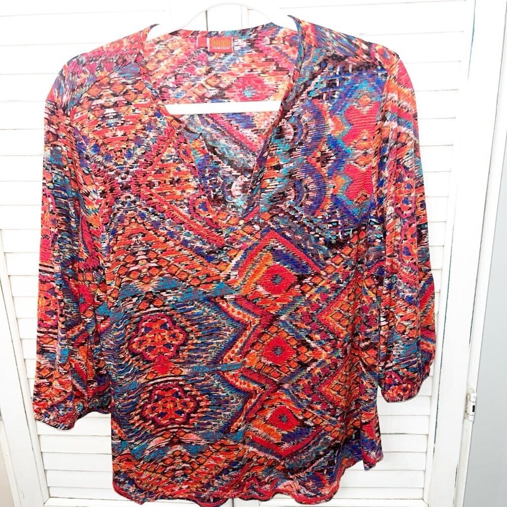 Tianello Womens Multicolor Stretch Geometric Blouse Made In USA. 3/4 Sleeve Med